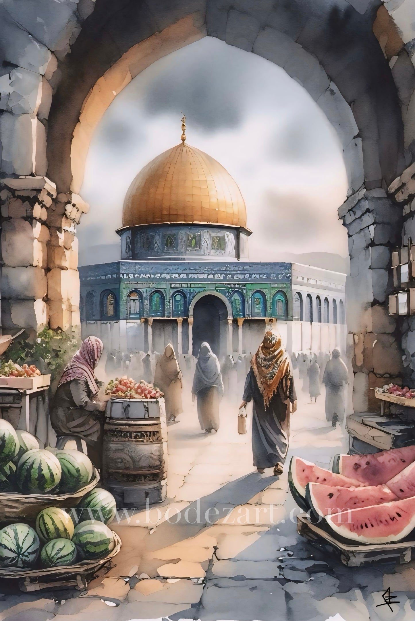Al Quds Market | Watercolour - Palestine Glass Wall Art