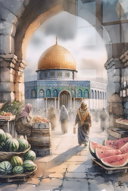 Al Quds Market | Watercolour - Palestine Glass Wall Art