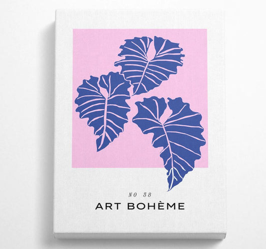 Art Boheme / Blue Leaves On Pink - Boho Canvas Wall Art